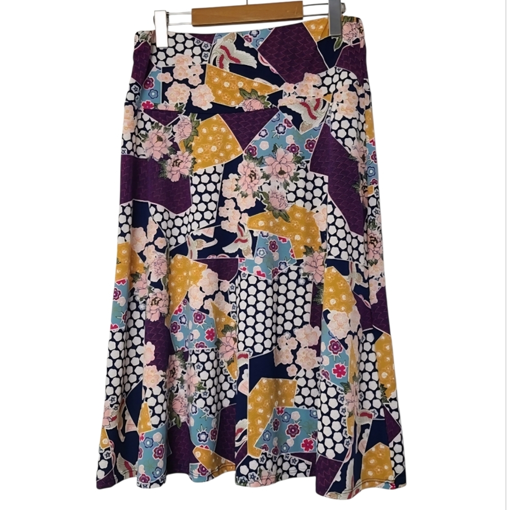 Ashley Blue Floral A-Line Midi Skirt Wrinkle Free Elastic Waist Officewear L